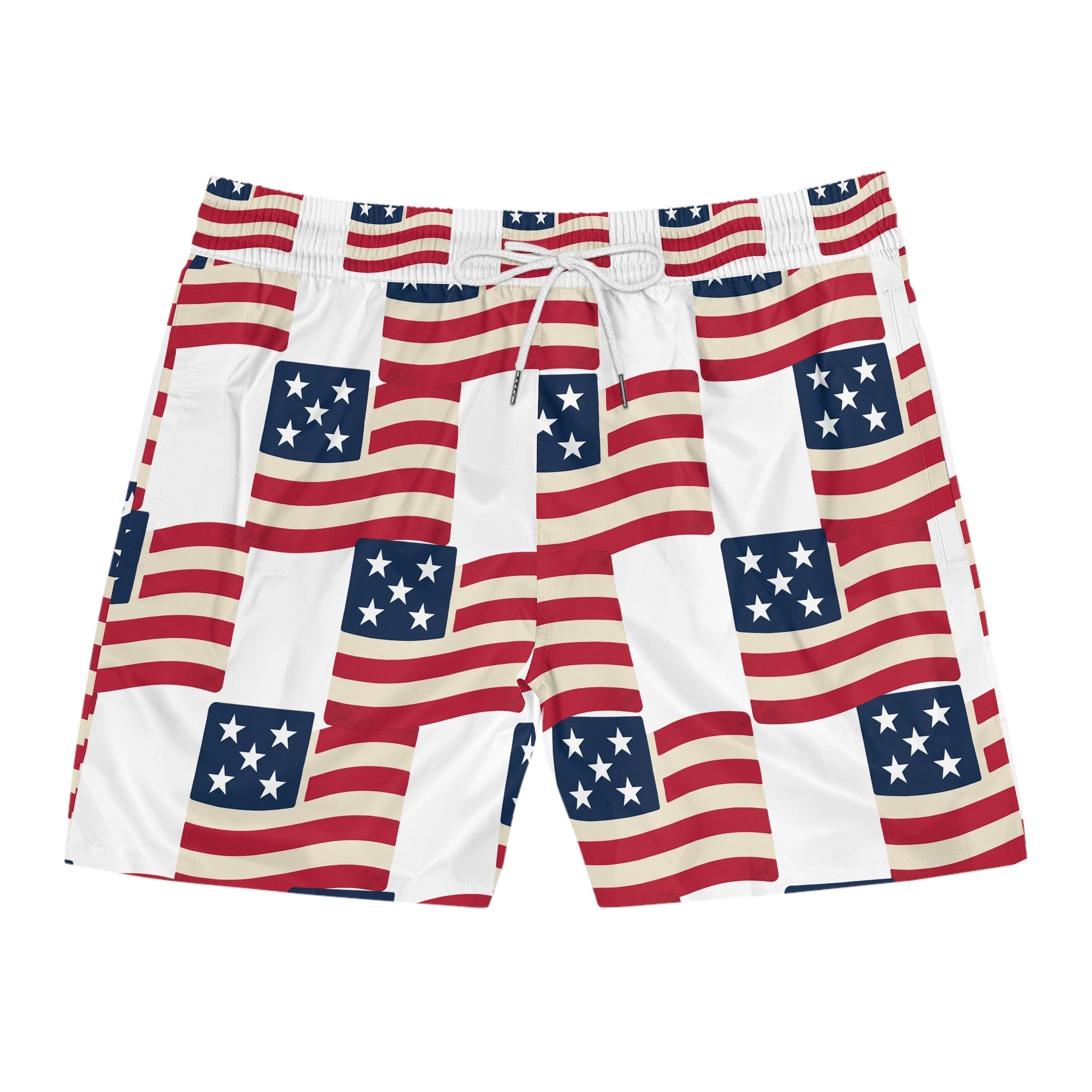 American Flag Swim Shorts — Patriotic Men’s Mid - Length Beach Trunks - Property of Patriots