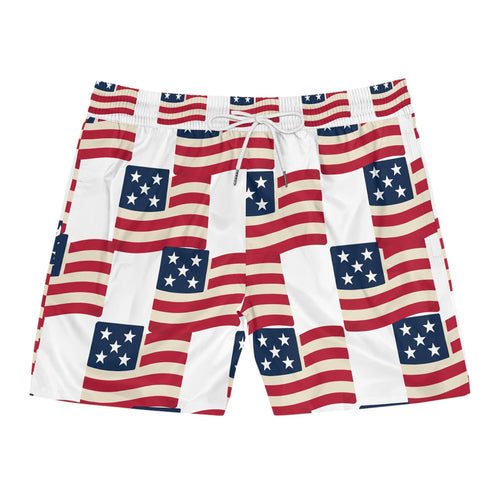 American Flag Swim Shorts — Patriotic Men’s Mid - Length Beach Trunks - Property of Patriots