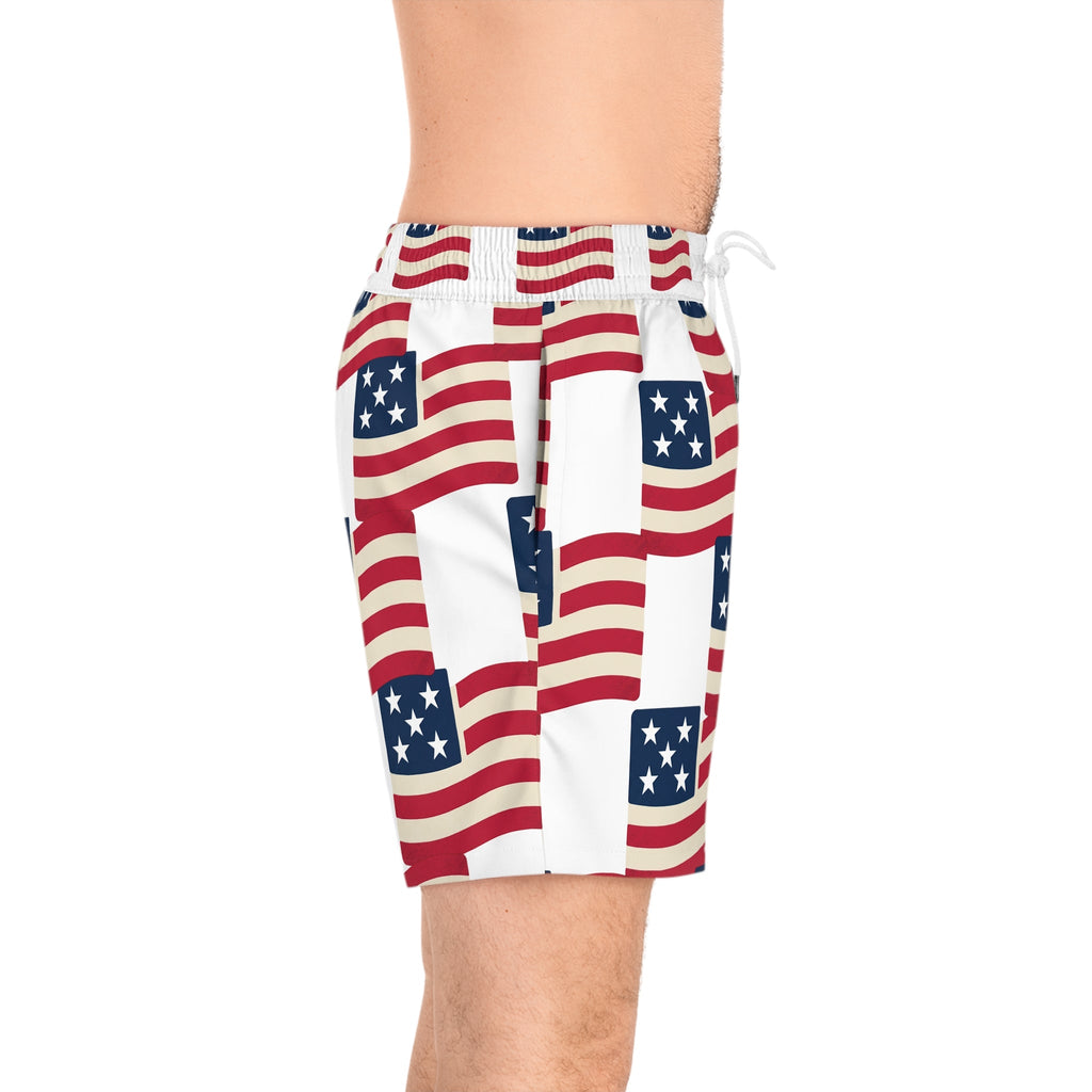 American Flag Swim Shorts — Patriotic Men’s Mid - Length Beach Trunks - Property of Patriots
