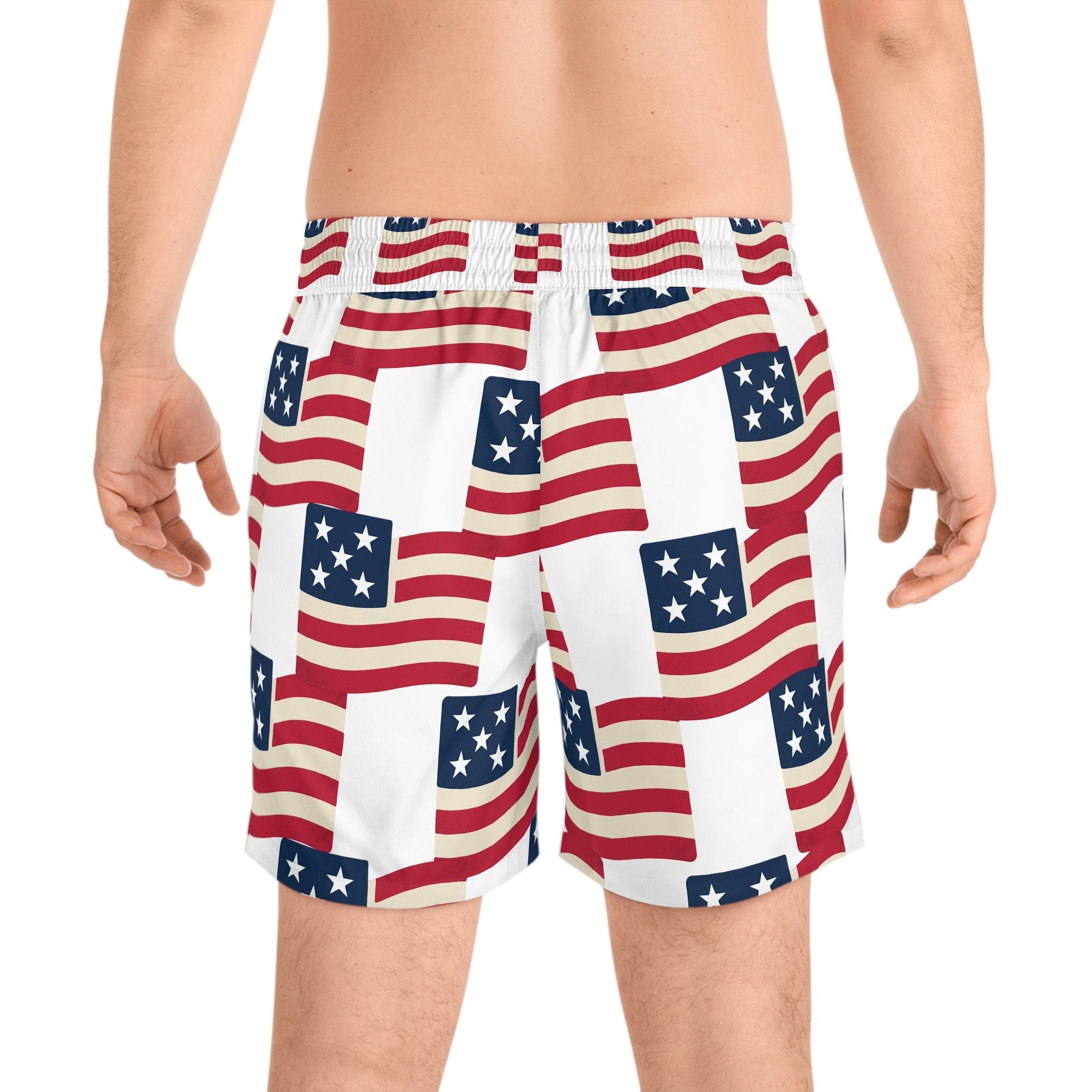 American Flag Swim Shorts — Patriotic Men’s Mid - Length Beach Trunks - Property of Patriots