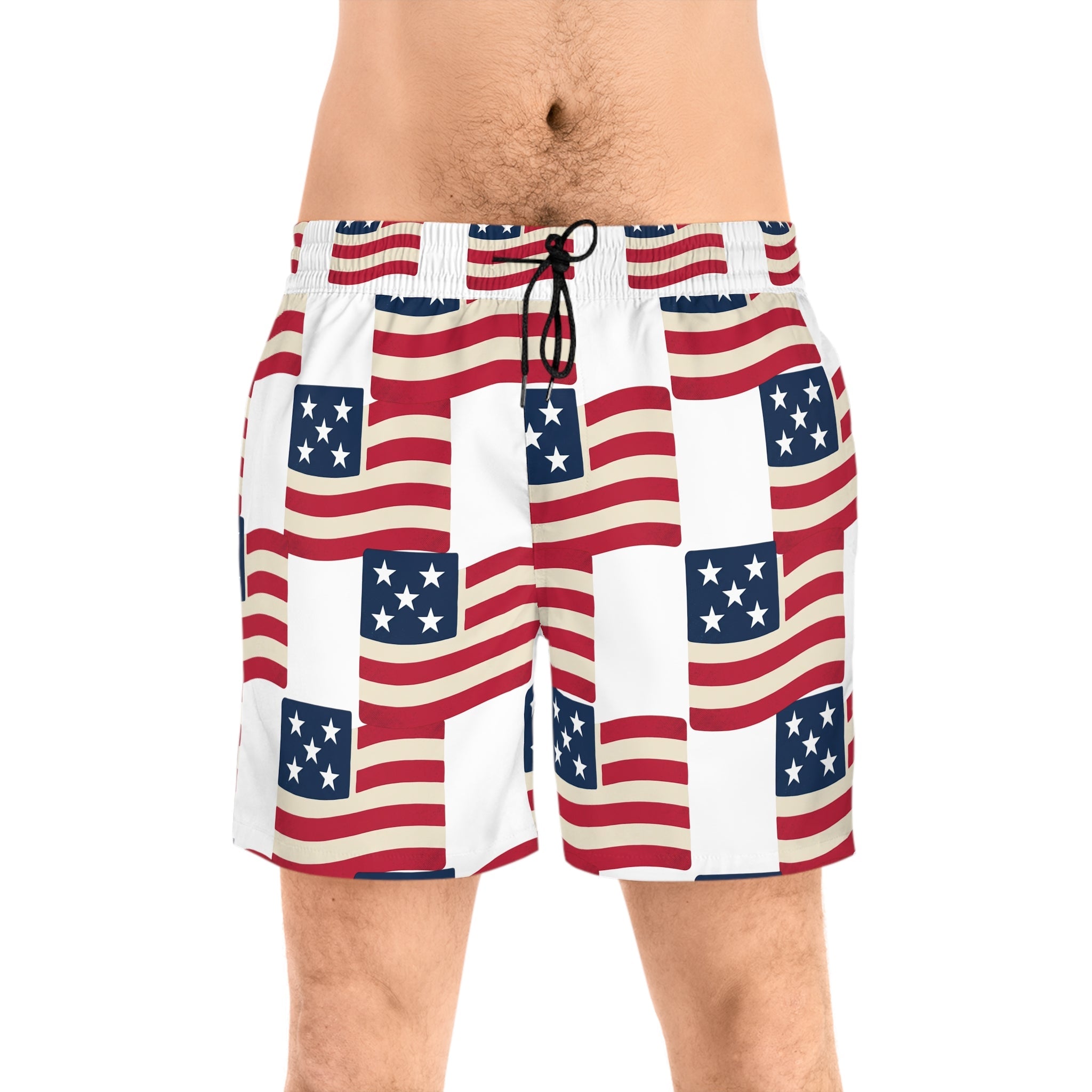 American Flag Swim Shorts — Patriotic Men’s Mid - Length Beach Trunks - Property of Patriots
