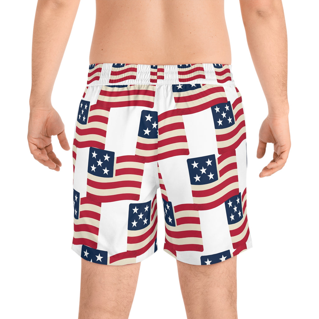 American Flag Swim Shorts — Patriotic Men’s Mid - Length Beach Trunks - Property of Patriots