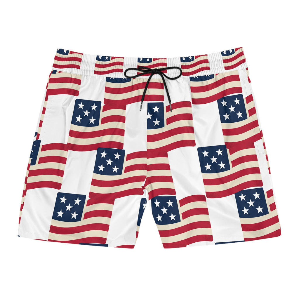 American Flag Swim Shorts — Patriotic Men’s Mid - Length Beach Trunks - Property of Patriots
