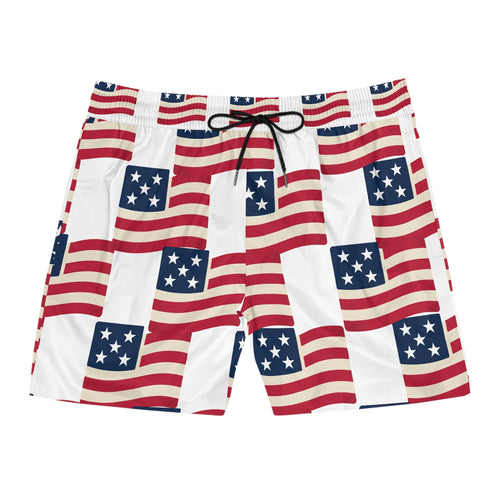 American Flag Swim Shorts — Patriotic Men’s Mid - Length Beach Trunks - Property of Patriots