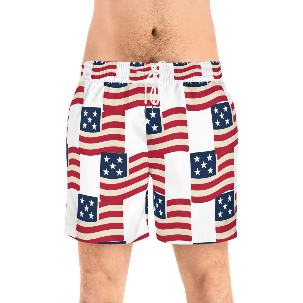 American Flag Swim Shorts — Patriotic Men’s Mid - Length Beach Trunks - Property of Patriots