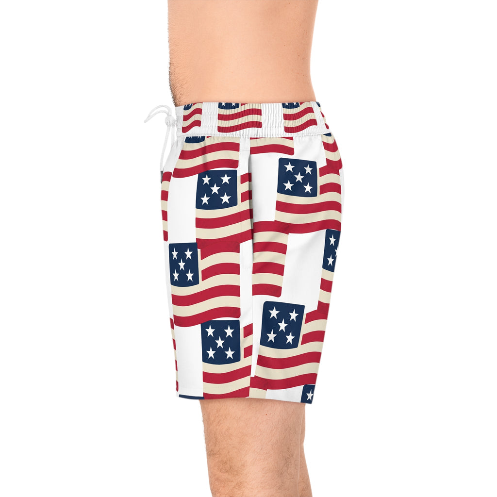 American Flag Swim Shorts — Patriotic Men’s Mid - Length Beach Trunks - Property of Patriots
