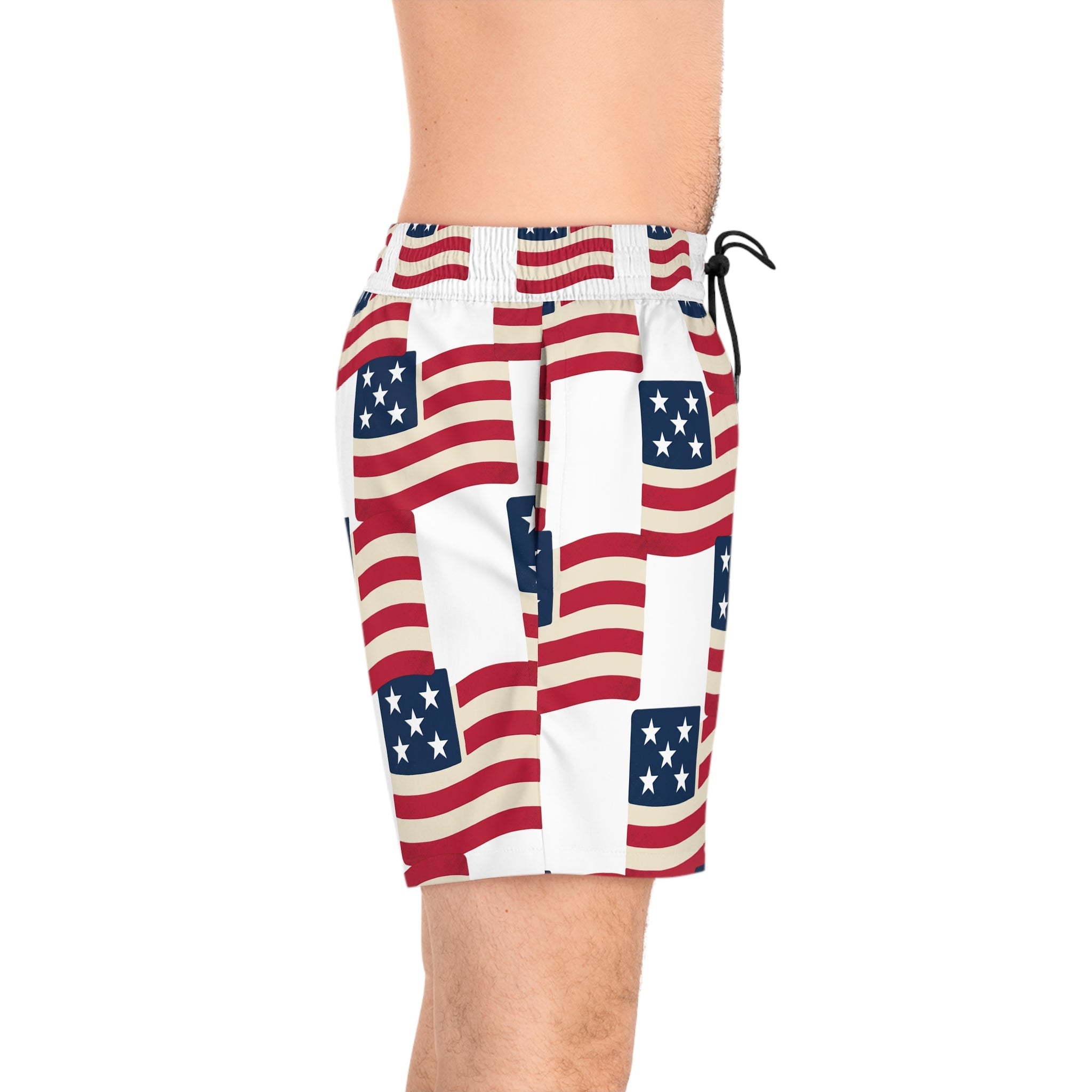 American Flag Swim Shorts — Patriotic Men’s Mid - Length Beach Trunks - Property of Patriots