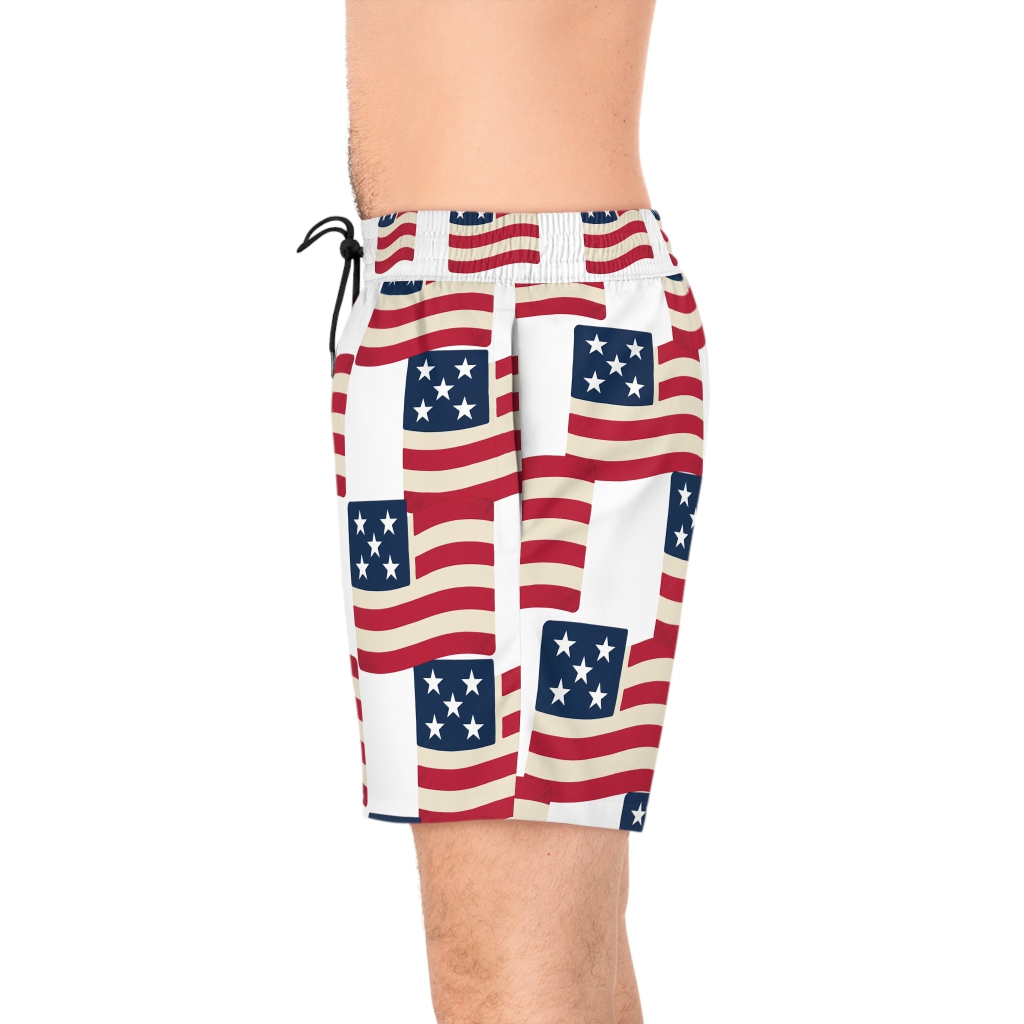 American Flag Swim Shorts — Patriotic Men’s Mid - Length Beach Trunks - Property of Patriots