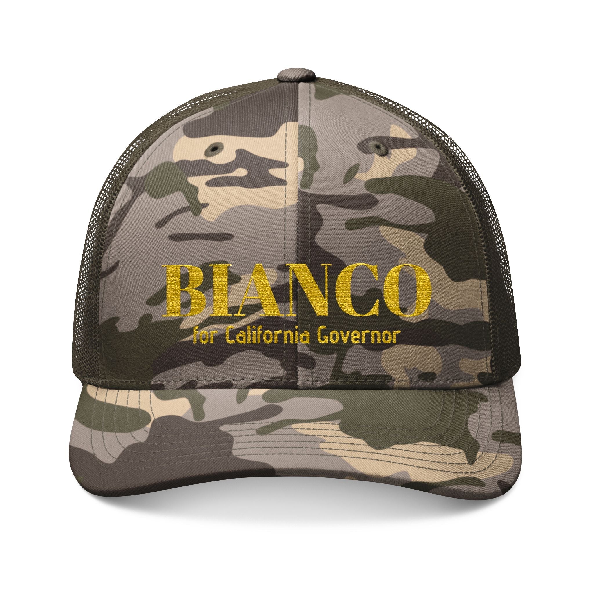Bianco Embroidered Camouflage Trucker Hat - "For California Governor" - Property of Patriots